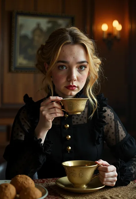 a victorian dining room, a young woman rubyjay with blonde hair and black eyes, in dark victorian clothing, seated and drinking some tea with a pensive expression
