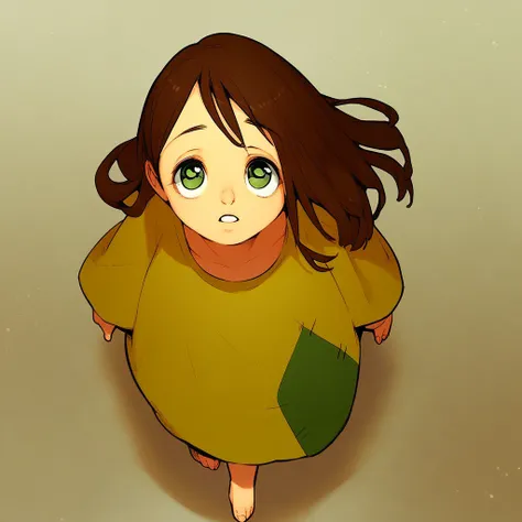 score_9, score_8_up, score_7_up, alzenib, 1girl, brown hair, solo, barefoot, green eyes, long hair, looking up, walking, full body, from above