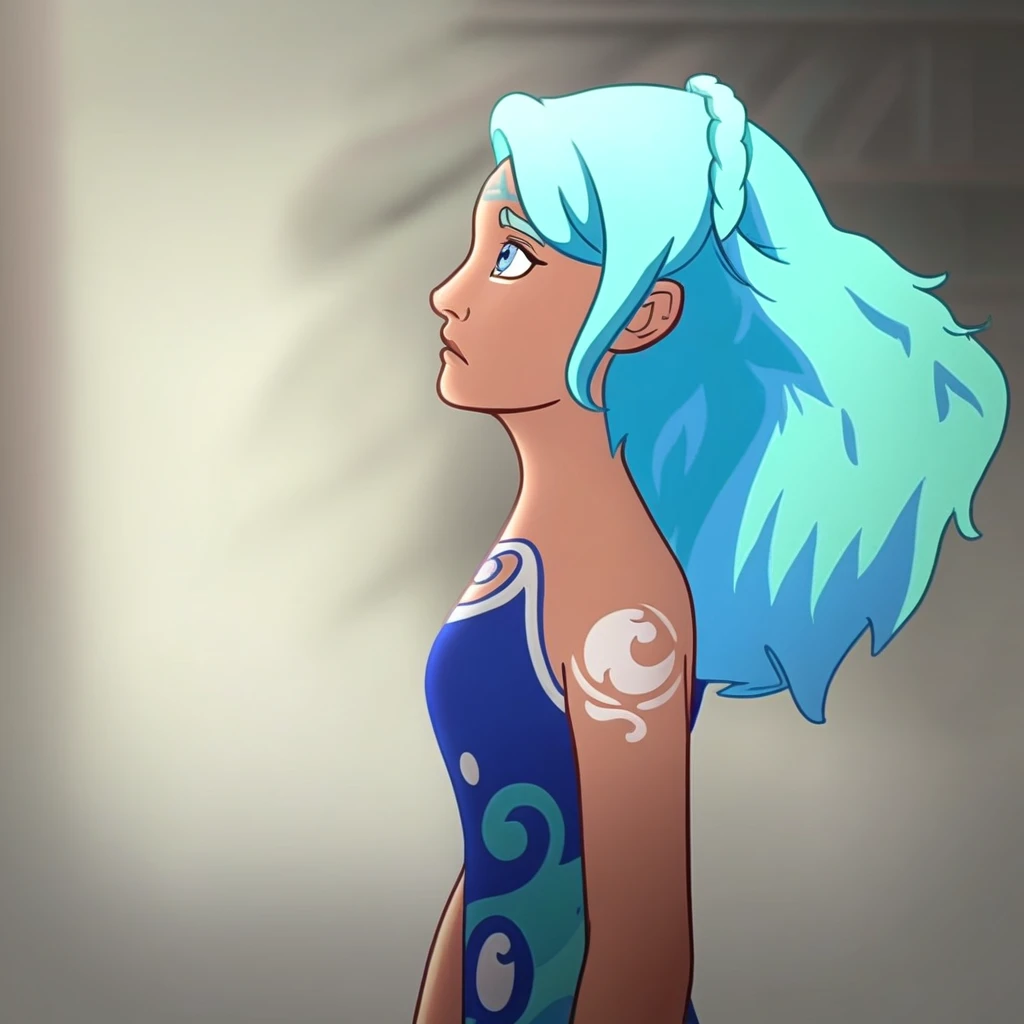 S2_NaidaRiverheart, blue hair, blue eyes, gradient hair, light-skinned, tattoo on cheek, crown braid, side view, looking left