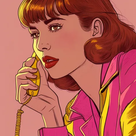 a woman talking on the phone in a brown jacket, in the style of golden age illustrations, light magenta and yellow, argus c3, object portraiture specialist, hand-painted details, animated gifs, ink and color






