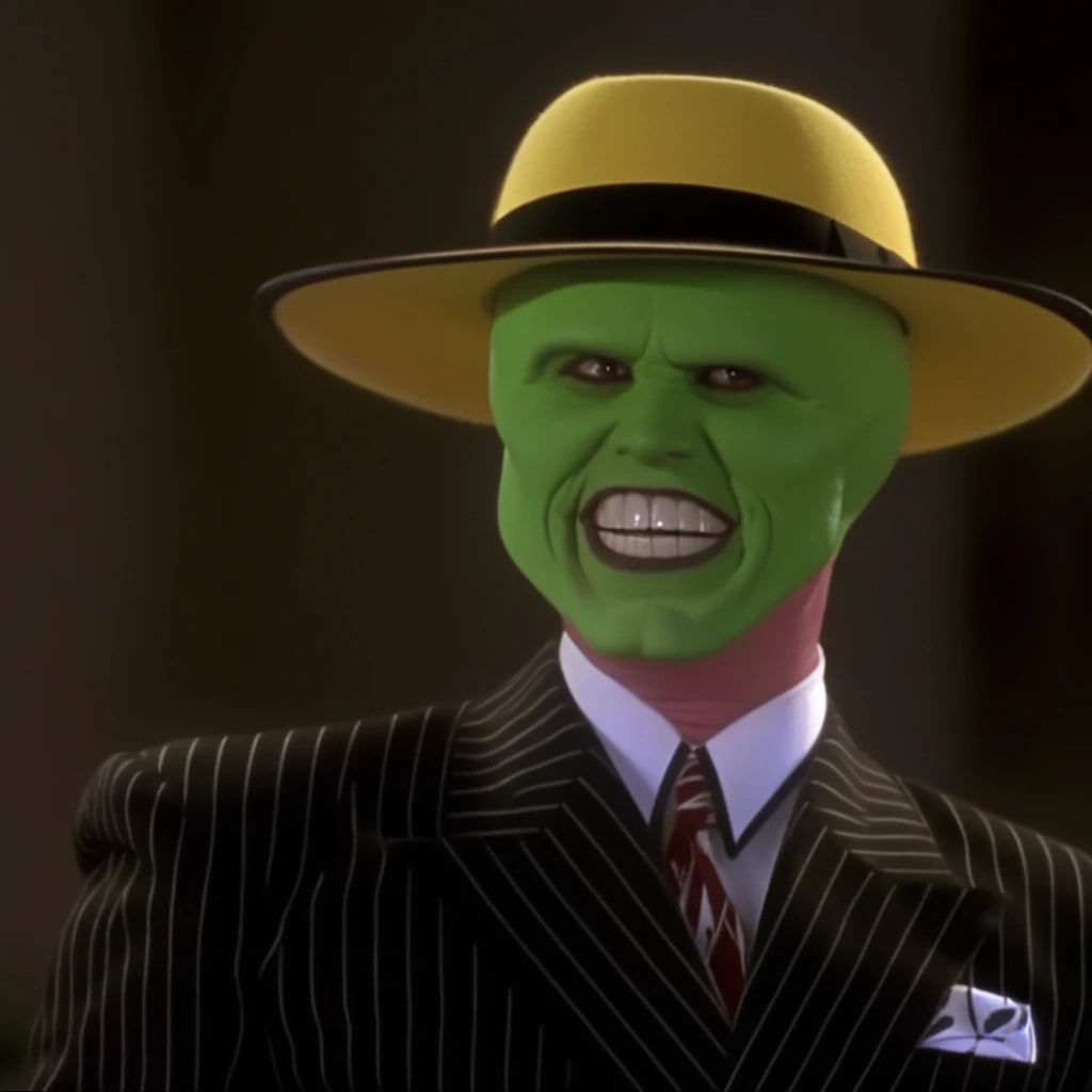 the_mask a bald man with big white teeth and green skin wearing a suit, a hat and a necktie in a flat at night