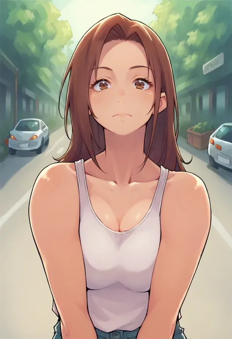 score_9, score_8_up, score_7_up, score_6_up, 1girl, solo, tank top, brown hair, brown eyes, long hair, outdoors, street, looking at viewer, collarbone, 
 <lora:Hori_Shin:0.8>