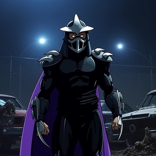 solo, a TMNT1987_Shredder man, wearing steel metal samurai helmet with metal mask and claw gauntlet and purple cape and dark outfit and spikey armor, standing defiantly in dark eerie junkyard at night. Dynamic lighting and shadows, junk cars and junkyard a...