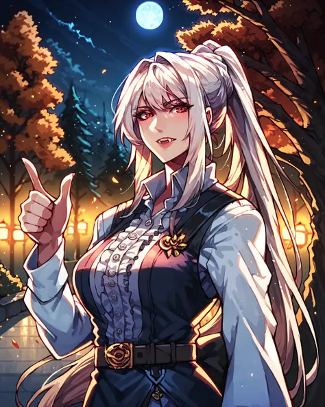 score_9, score_8_up, score_7_up, source_anime, masterpiece, detailed, refined, night, moon, autumn, trees, 1girl, solo, long hair, ponytail, white hair, shiny skin, white frilly shirt, belt, thumbs up, vampire, red eyes