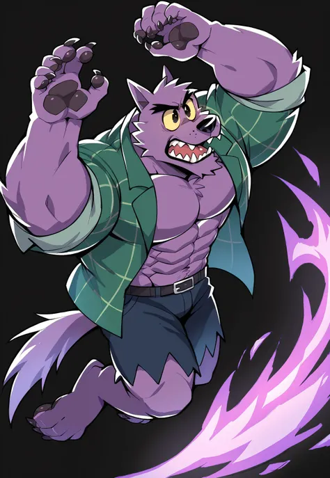 score_9, score_8_up, score_7_up, score_6_up, source_furry, hi res, highly detailed, black background, jumping, in air, action pose, ready to attack, purple fire in background, dynamic angle, Bernand, Werewolf, Purple Fur, Yellow Sclera, Green Striped Shirt...