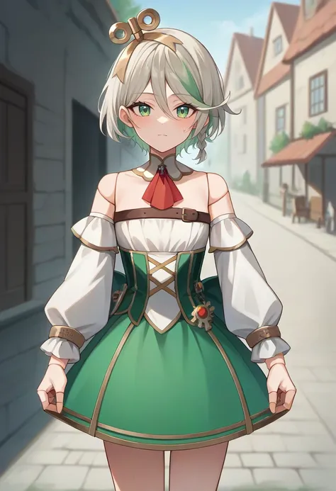 score_9,score_8_up,score_7_up,score_6_up,score_5_up,score_4_up,
1girl, cecilia immergreen, short hair, side braid, white strapless sleeveless shirt, white detached sleeves, detached collar, red ascot, cross-laced green corset, green skirt, winding key, dol...