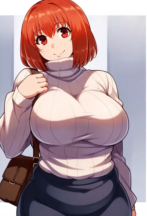 <lora_yui:1>,yui, 1girl, breasts, solo, smile, short hair, red hair, large breasts, red eyes, plump, looking at viewer, 
1girl, sweater, red hair, skirt, turtleneck, bag, turtleneck sweater,
score_9, score_8_up, score_7_up, score_6_up, score_5_up, score_4_...