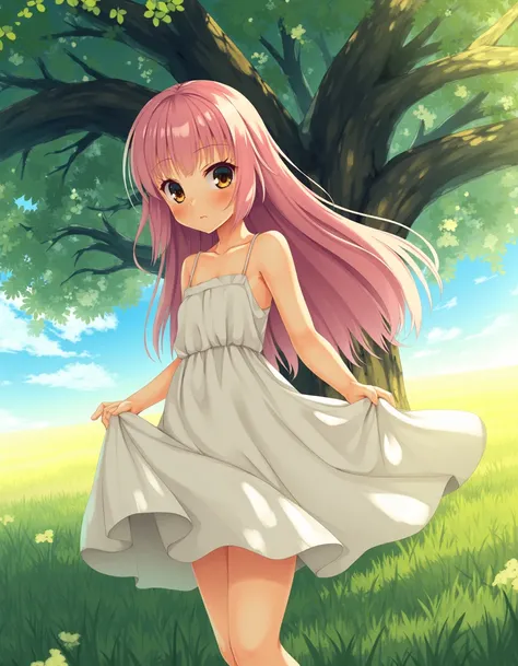 anime wallpaper, In a sun-drenched meadow, a young girl, around twelve years old, stands gracefully in the inviting shade of a sprawling oak tree, its gnarled branches draping like welcoming arms. Clad in a delicate white sundress with simple straps that h...