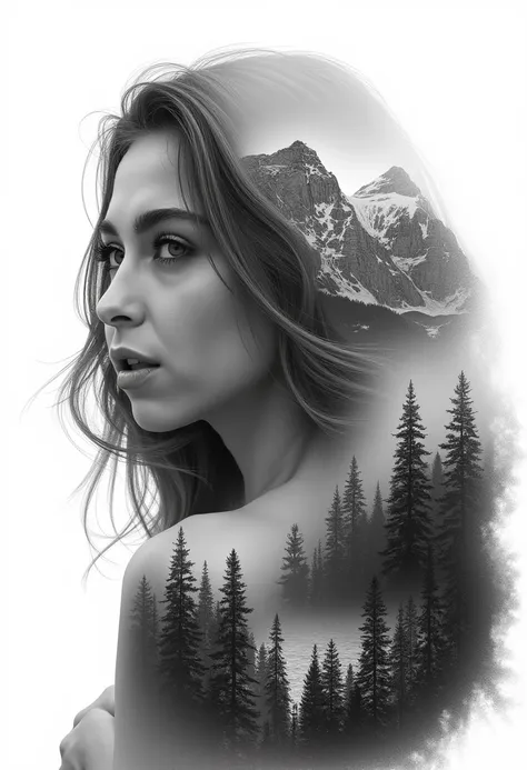 This image is a highly detailed black and white digital illustration of a Riley Reids head and shoulders. The artwork is rendered in a hyper-realistic style, with a focus on texture and shading. The womans face is turned to the left, her eyes looking off i...