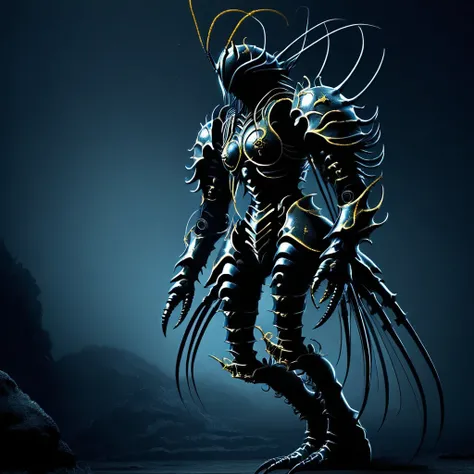 bug-like, sea floor, Sea life attached, small bumps, exoskeleton armor, gold trim, princess