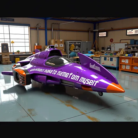 a wide angle photo of a large hover craft with decal text that reads "wooimabouttomakeanameformyself" in a futuristic garage, cyberpunk,  VIBRANT COLOR, clear and concise text, jet engine, sharp wings, fins,  sleek futuristic design, reflections,purple and...