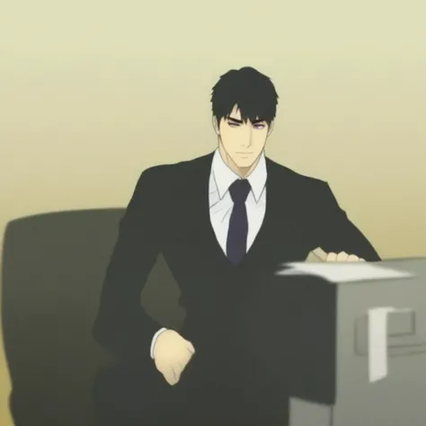 1man, black hair, black purple eyes, men suit, hot man, office, sitting