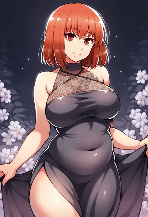 <lora_yui:1>,yui, 1girl, breasts, solo, smile, short hair, red hair, large breasts, red eyes, plump, looking at viewer, 
(see-through:1), side_slit, side cutout, (halterneck, deep V-neck dress, navel:1), a woman wearing a sheer dress, flowers on dress, flo...