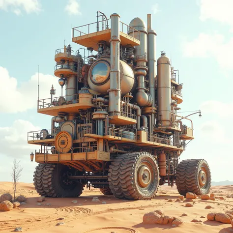 steamconceptai,a giant moving-vertical city mix buildings and streets on mini tires,desert scene,size visual contrast