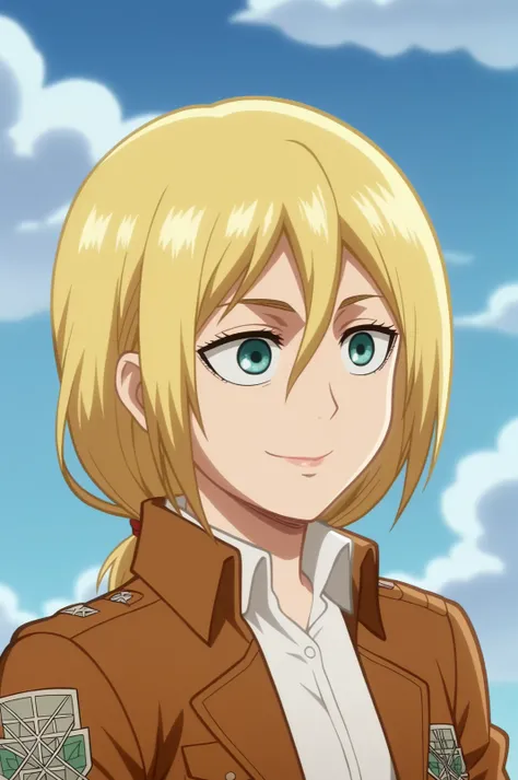 historia reiss,anime screencap,1girl,solo,mature,cloud,sky,smile,short hair,shirt,jacket,hair between eyes,paradis military uniform,upper body <lora:Historia Reiss - PDXL2.safetensors:0.8>