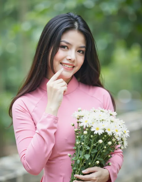 Vietnamese, aodaivnv4, The image is a portrait of a young woman with long dark hair. She is wearing a pink long-sleeved dress and is holding a bunch of white flowers in her hands. The woman is smiling and has her hand resting on her chin, as if she is deep...