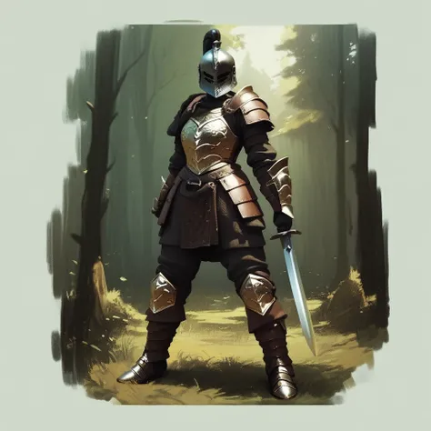 score_9, score_8_up, score_7_up, score_6_up, score_5_up, score_4_up, 1girl, full body, armored, chest armor, boots, helmet, face focus, in a woods, holding sword,