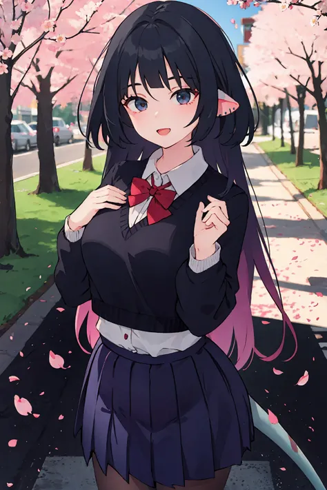 1girl, jane doe (zenless zone zero), long hair, solo, school uniform, white shirt, sweater, pleated skirt, pantyhose, smile, open mouth, looking at viewer, outdoors, street, cherry blossoms, petals, depth of field, tail