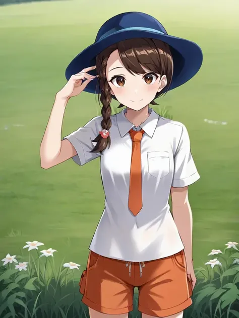 <lora:aojulianaitsukishiro:0.7>
1girl, solo, juliaoina, brown hair, braid, brown eyes, white shirt, short sleeves, orange necktie, orange shorts, blue headwear, hat, standing, grass, outdoors, looking at viewer, smile