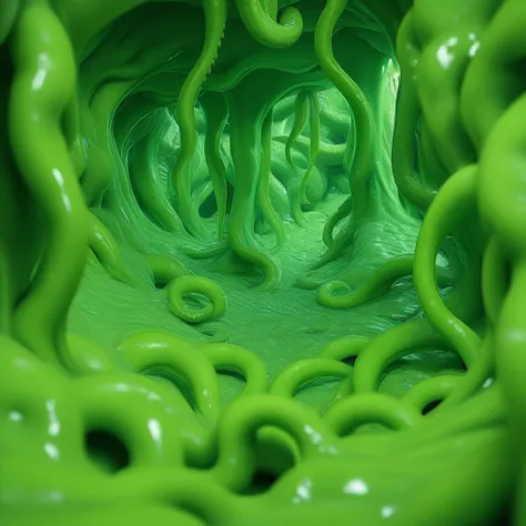 slimey, green theme, green skin, indoors, nude, tentacles, outdoors, blurry foreground, male focus, breasts, ass, solo, scenery, forest