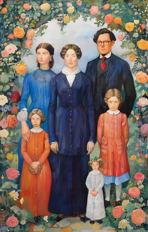 masterpiece,best quality,<lora:tbh424-sdxl:0.6>,illustration,style of Gertrude Jekyll portrait of family