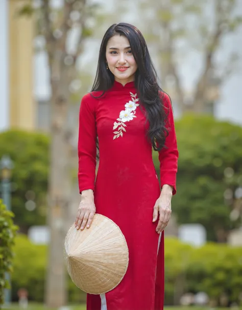 Vietnamese, aodaivnv5, The image is a portrait of a young woman wearing a traditional Vietnamese dress. She is standing in front of a garden with trees and bushes in the background. The woman is wearing a red ao dai with white flowers on the neckline and s...