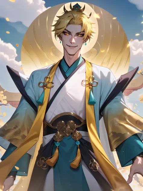 <lora:LoL_Splash_Art-DoRA_V1:0.85>
very aesthetic, newest, best quality, masterpiece, absurdres, 1boy, male focus, bishounen, smirk, short hair, yellow hair, yellow eyes, hanfu, gold trim, chinese clothes, looking at viewer, cowboy shot, sky, clouds, abstr...