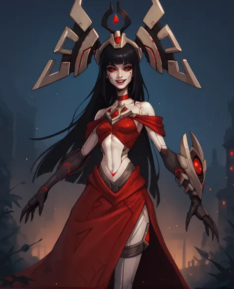 score_9,score_8_up,score_7_up,score_6_up,Ambraxl,long hair,blunt bangs,black hair,facial mark,red sclera,black eyes,
android,black gauntlets,red top,midriff,bare shoulders,red choker,skirt,
standing,hips,looking at viewer, smile,  open mouth, 
large crown,...