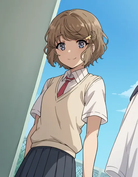 score_9, score_8_up, score_7_up, source_anime, <lora:tomoe-koga-s1-ponyxl-lora-nochekaiser:1>, tomoe koga, short hair, brown hair, blue eyes, hair clip,, skirt, shirt, school uniform, white shirt, short sleeves, pleated skirt, necktie, collared shirt, red ...