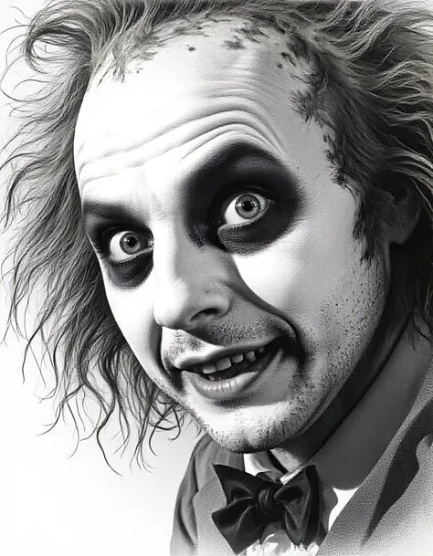 closeup of beetlejuice face, drawing, black and white