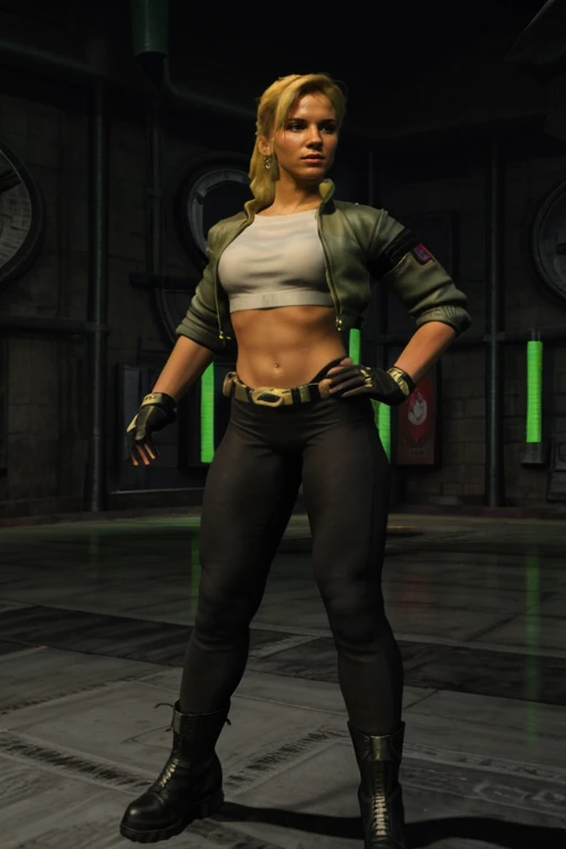 3d, sonya blade, sonyablademka, 1girl, solo, blonde hair, fingerless glovess, jacket, black tight leggings, thong, boots, navel, midriff, standing,  <lora:SONYABLADEMKA-10:0.6>, <lora:add_detail:0.5>