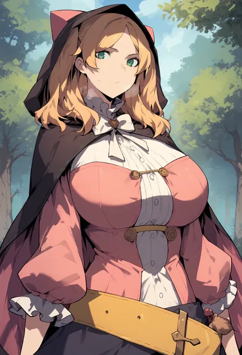 score_9, score_8_up, score_7_up, score_6_up, source_anime, rating_explicit, 1girl, solo, huge breasts, <lora:Euphemina prefectPonyxl:0.75> long hair, blonde hair, parted bangs, two side up, green eyes, brown hair, black capelet, hooded cloak, (cat hood:1.1...