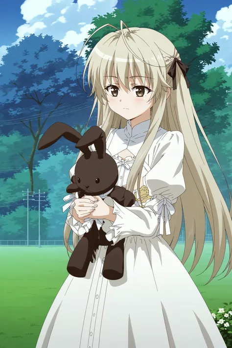 sora kasugano,anime screencap,1girl,solo,long hair,ribbon,hair ribbon,antenna hair,dress,white dress,stuffed bunny,holding black stuffed bunny,outdoors <lora:Sora_Kasugano - PDXL2.safetensors:0.8>