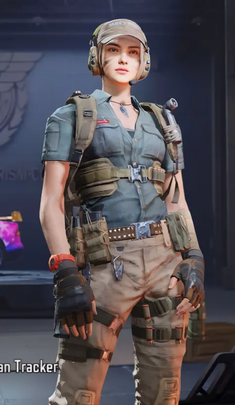 score_9, score_8_up, score_7_up, score_6_up, score_5_up, score_4_up, BREAK, short blonde hair, ponytail, headset with microphone, beige cap with text, green tactical shirt with rolled-up sleeves, dog tags necklace, green undershirt, utility vest with pouch...