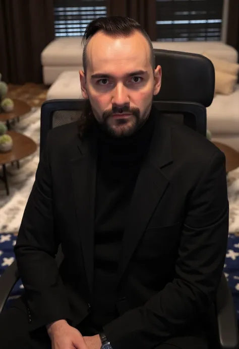 3lx0k4s, photo of a 1boy, upper body, straight-on, sitting, on chair, looking at viewer, black suit, suit, no eyewear, turtleneck, turtleneck sweater, black sweater, indoors, room, living room, chair, office chair