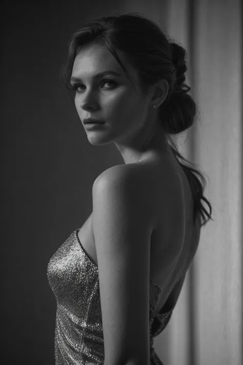 [Glamorous Fashion Photography] of a female in a shimmering silver gown, posing dramatically in a glamorous setting. The gown features intricate details and a flowing silhouette, creating a stunning effect. The singers makeup is bold and sophisticated, and...