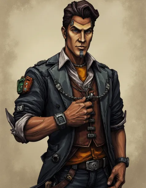 <lora:Handsome_Jack_Borderlands:1>Handsome Jack with tech on his arm