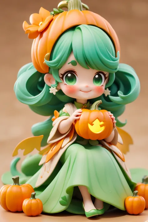 AI IP,1girl,solo,pumpkin,long hair,looking at viewer,green hair,sitting,dress,green eyes,leaf,earrings,blush,smile,jack-o-lantern,green dress,jewelry,