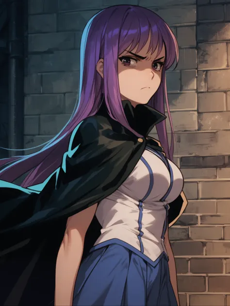 <lora:happy_tentacle-fujiko-v0.2-000030:1>, ht_fujiko, school uniform, black cape, blue skirt, black thighhighs , 1girl, solo, upper body , , ( disgust :1), , looking at viewer , standing , from side , score_9, score_8_up, score_7_up, score_6_up, score_5_u...