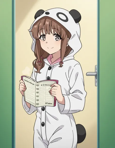 score_9, score_8_up, score_7_up, source_anime, <lora:kaede-azusagawa-s1-ponyxl-lora-nochekaiser:1>, kaede azusagawa, long hair, bangs, brown hair, brown eyes,, animal ears, tail, hood, pajamas, animal hood, animal costume, panda ears,, bookstore, browsing ...