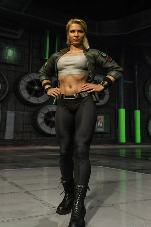 3d, sonya blade, sonyablademka, 1girl, solo, blonde hair, fingerless glovess, jacket, black tight leggings, thong, boots, navel, midriff, standing,  <lora:SONYABLADEMKA-10:0.6>, <lora:add_detail:0.5>