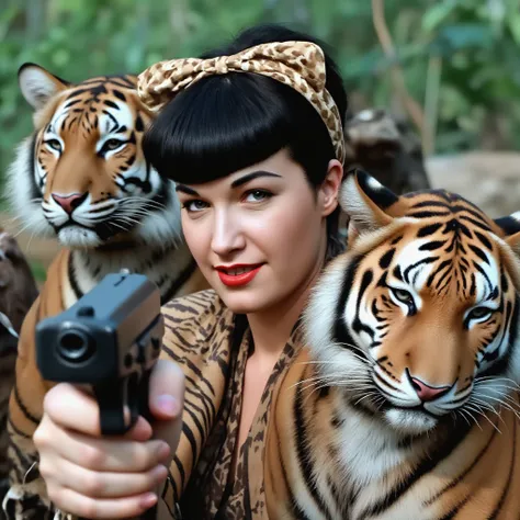 bettiep123 lives in the jungle and is surrounded by a pack of tamed tigers. Wearing tiger-themed attire. Pointing Gun at Viewer. Happy smirk on face. Blurry.