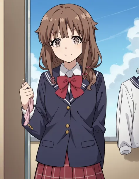 score_9, score_8_up, score_7_up, source_anime, <lora:kaede-azusagawa-s1-ponyxl-lora-nochekaiser:1>, kaede azusagawa, long hair, bangs, brown hair, brown eyes,, skirt, shirt, long sleeves, bow, school uniform, jacket, white shirt, pleated skirt, collared sh...