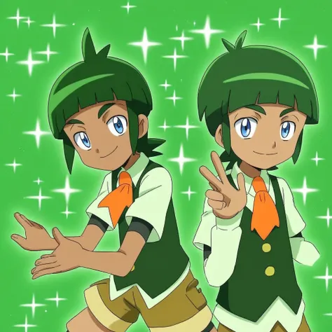 1boy, Sawyer, green hair, blue eyes, dark skin, shirt, vest, necktie, shorts, smile, sparkles, looking at viewer, green background