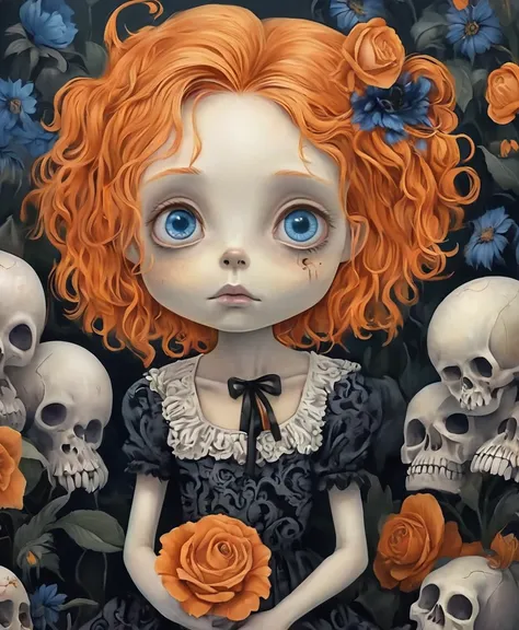  , 1girl, looking at viewer, blue eyes, multiple girls, dress, flower, orange hair, freckles, skull, elpahanstyle