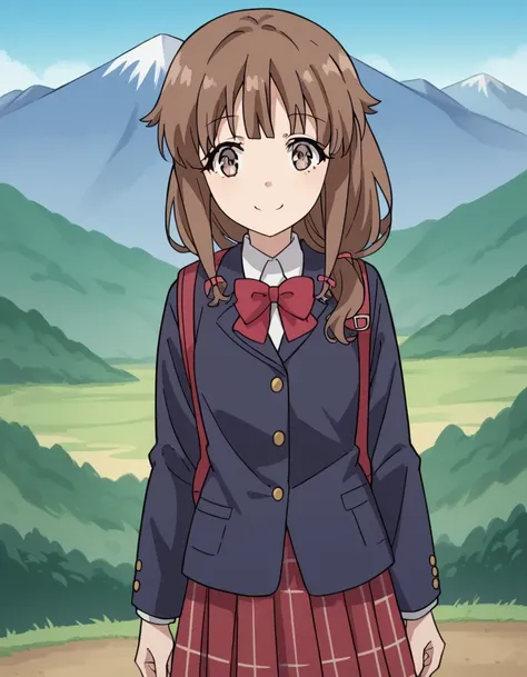 score_9, score_8_up, score_7_up, source_anime, <lora:kaede-azusagawa-s1-ponyxl-lora-nochekaiser:1>, kaede azusagawa, long hair, bangs, brown hair, brown eyes,, skirt, shirt, long sleeves, bow, school uniform, jacket, white shirt, pleated skirt, collared sh...