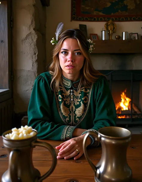 In a dimly lit, rustic tavern in the heart of medieval Europe, a woman named CL4UD14A, with cascading chestnut-brown hair adorned with wildflowers and a single delicate silver feather, gazes intently at the viewer from her seat by the fireplace. Her skin i...