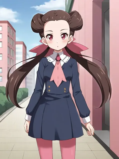 <lora:orasroxannetsukishiro:0.7>
1girl, solo, roxtsuannetsuji, brown hair, long hair, twintails, hair ribbon, dark blue dress, long sleeves, pink ascot, pink pantyhouse, outdoors, city, standing, looking at viewer