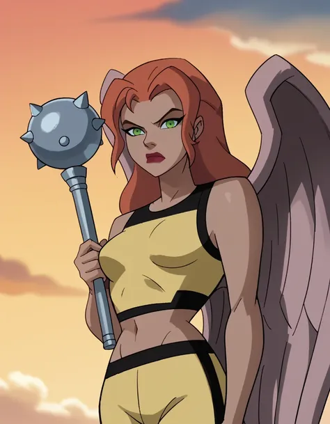 dcaustyle, 1girl, solo, upper body, shayera hol, feathered wings, green eyes, orange hair, parted bangs, yellow sports bra, yellow track pants, pointy breasts, midriff, floating, midair, holding mace, sky, sunset, cloud, annoyed, (angry:0.5), score_9, scor...