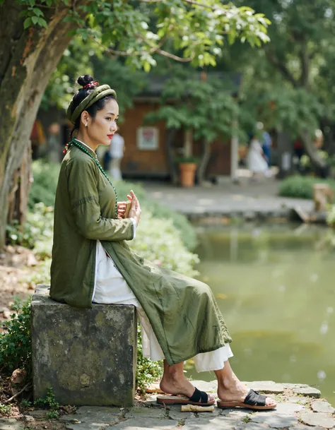 aodaivn6, Vietnamese, a young woman sitting on a stone wall next to a small pond. She is wearing a long, flowing green dress with a high neckline and long sleeves. The dress is knee-length and falls above her knees. She has a pair of black sandals on her f...